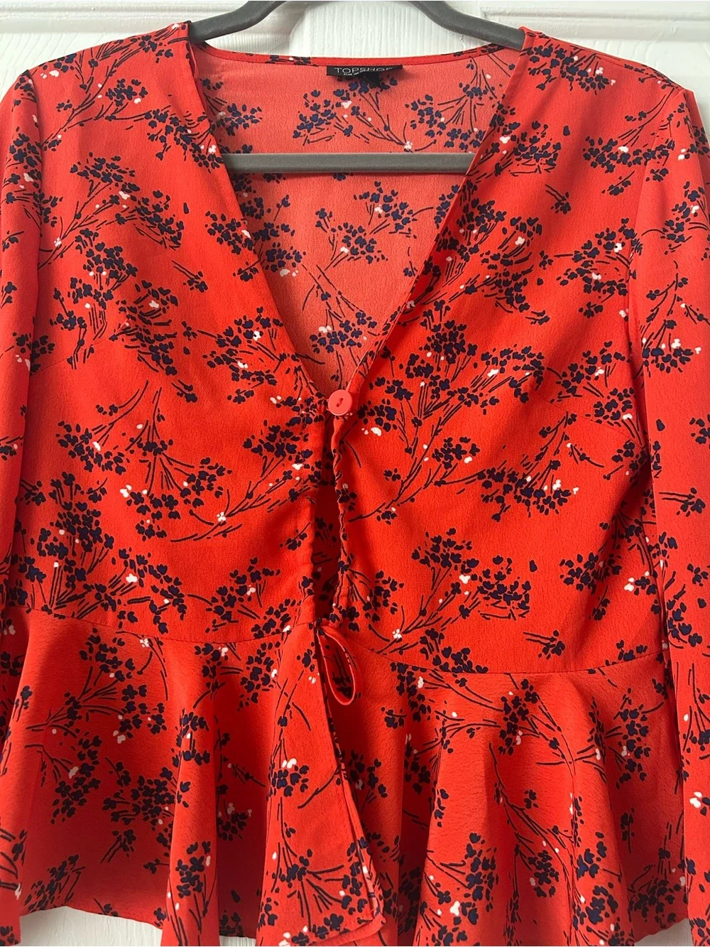 Topshop Red and Black Floral Tie-Front Peplum Blouse